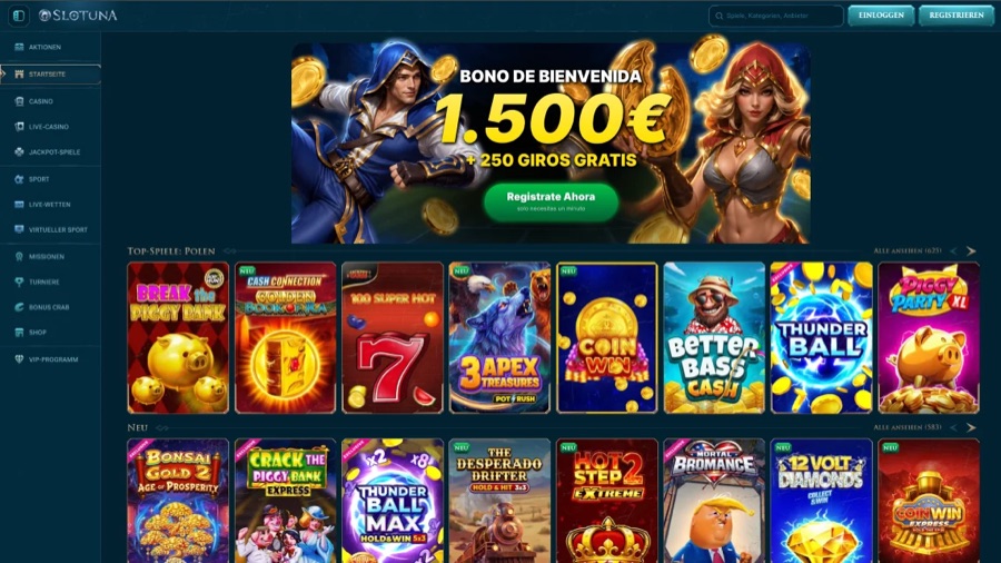 Captura del escritorio: menú lateral, buscador, una banda promocional en español y dos
 carruseles de juegos con sus contadores