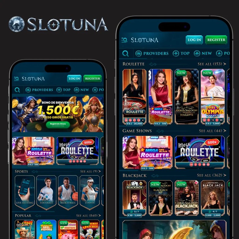 Dos teléfonos con la versión móvil: secciones de ruleta, game shows y blackjack, cada una
 con el número de mesas disponibles