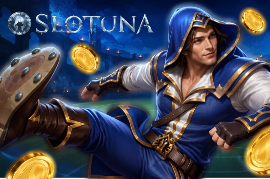 Imagen de marca de la página: un personaje ilustrado, el logotipo y monedas de oro